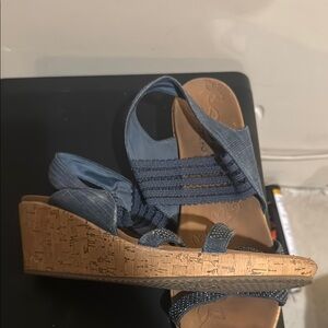Skechers Blue Wedge Sandals with Cork Platform